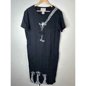 Vintage Olivia Rose 1990s Y2K Black Short Sleeve Giraffe MIDI Shirt Dress Sz 16P